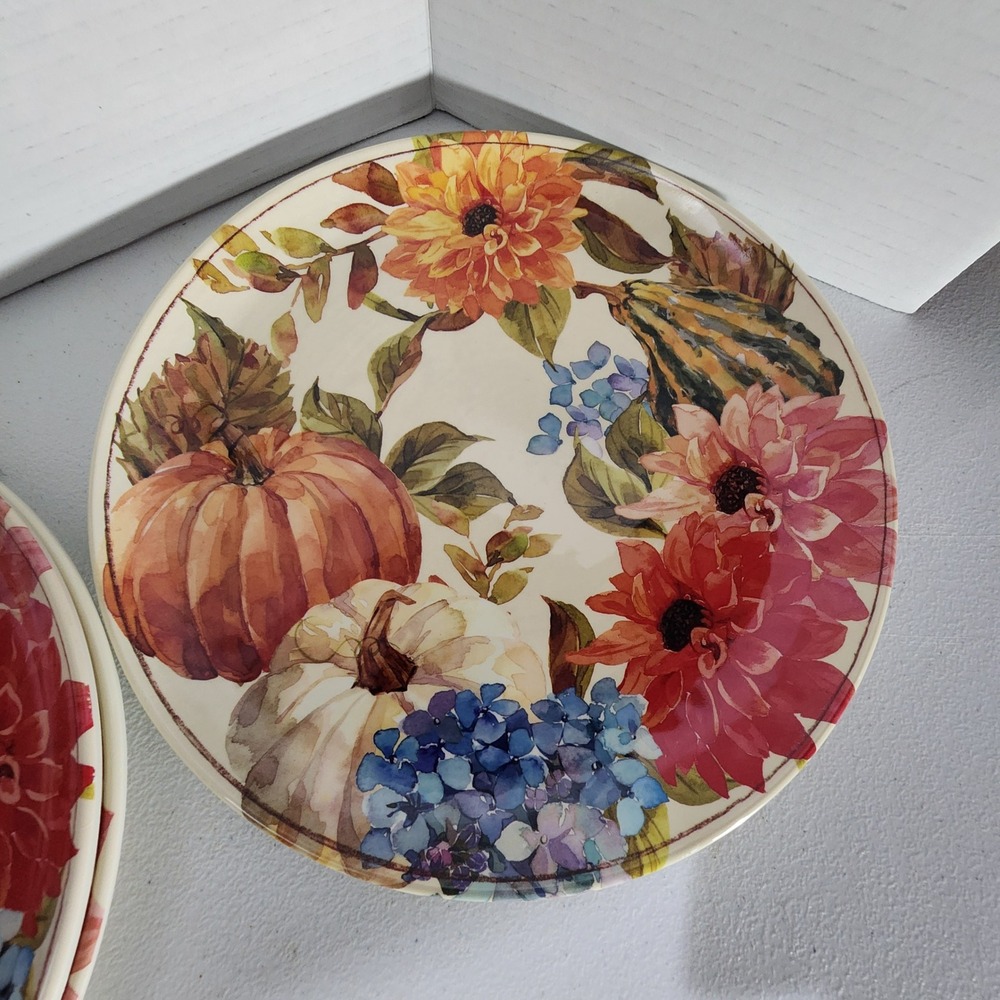 Harvest Pumpkin Floral Melamine Dinner Plates Set of 4 Fall Thanksgiving 10.5in